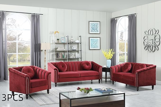 Sectional Sofa Set, Microfiber Chesterfield Upholstered Sofas Loveseat Couch by Unknown