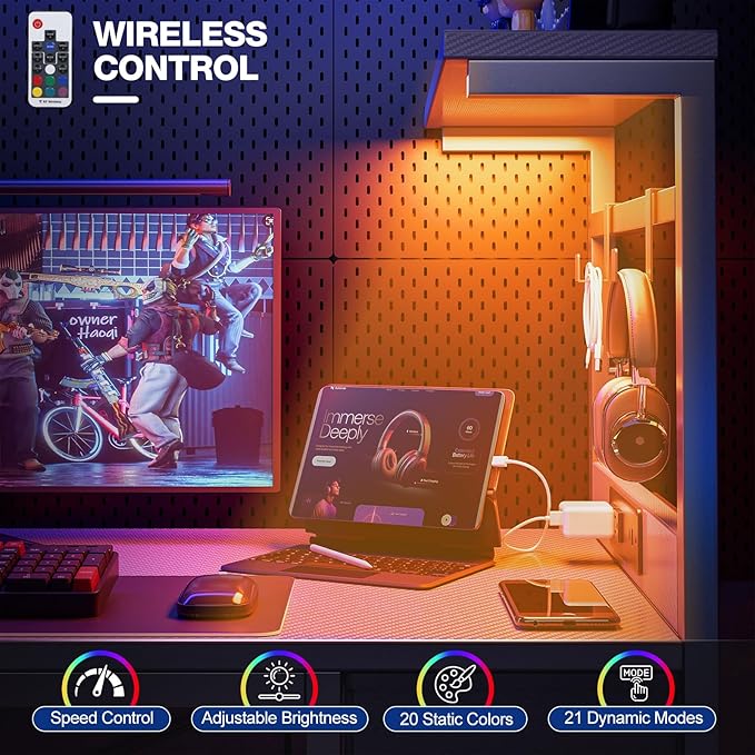 Gaming Desk 47 Inch with Power Outlet and LED Light, Computer Desk with - Image 6