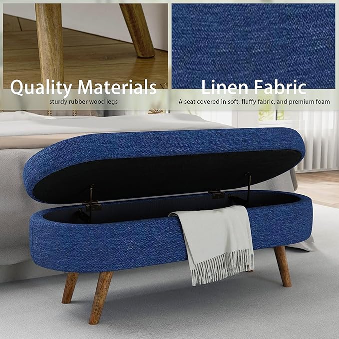 Oval Storage Bench 43.5" Linen Fabric Upholstered Entryway Bench - Image 4
