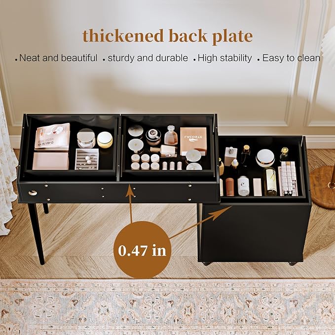 Black, Vanity Desk with Mirror and Lights, Makeup Vanity with Power Outlet and - Image 3