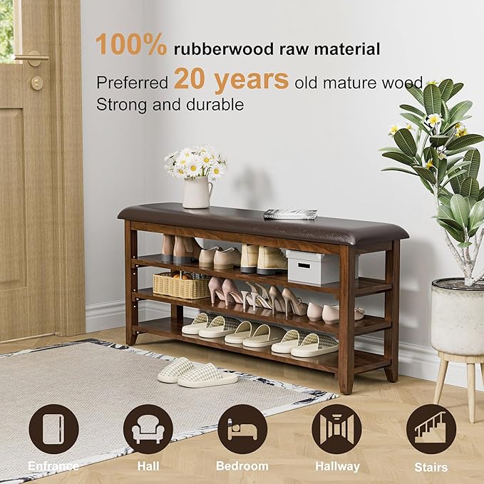 Wooden Shoe Bench Storage with Leather Cushion, Rustic Solid Wood Entryway - Image 5