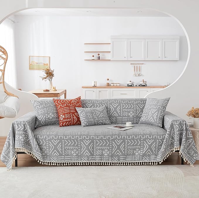 HANDONTIME Bohemian Grey and White Couch Cover by HANDONTIME