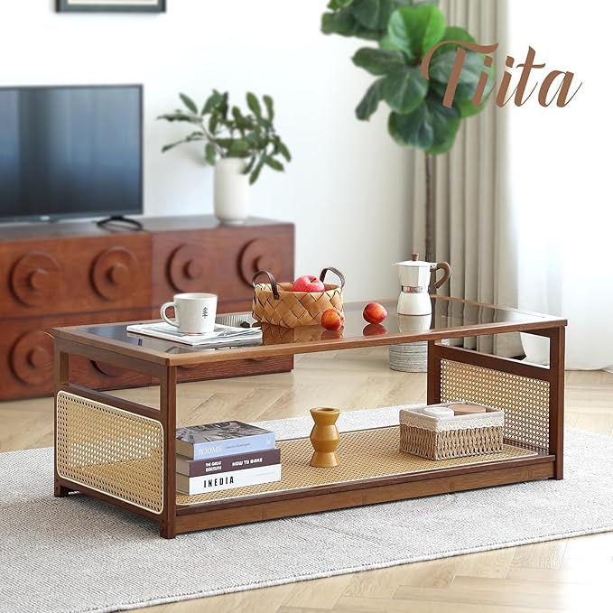 Tiita Coffee Tables for Living Room，Mid Century Modern Storage 2-Tier Coffee - Image 6