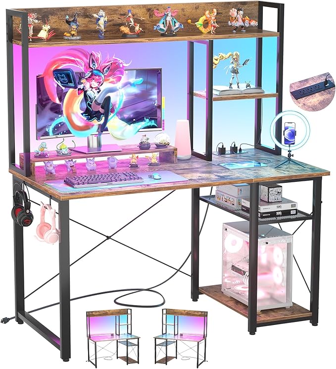 Cyclysio Gaming Desk with Hutch, Home Office Desk with Reversible 5 Tiers by Cyclysio