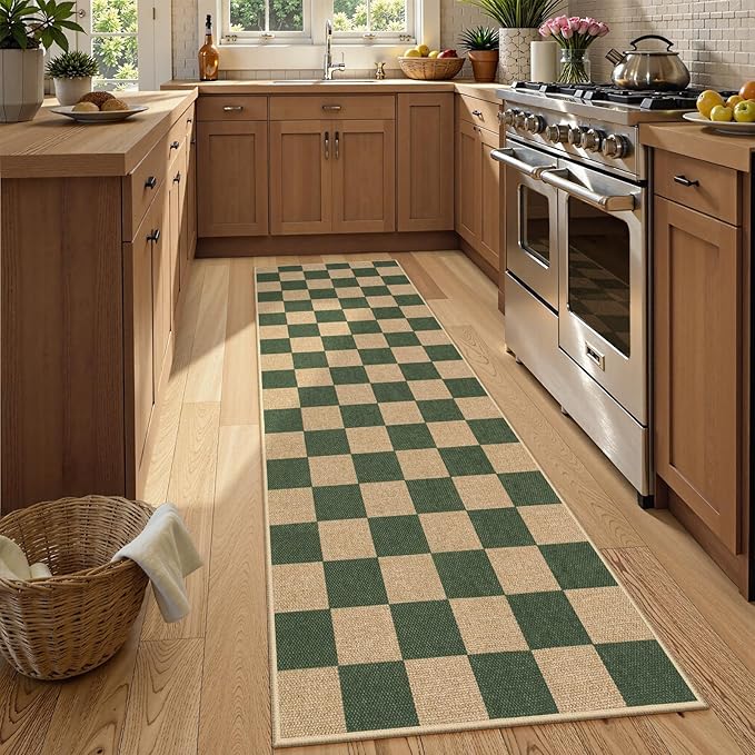 Lahome Checkered Outdoor Runner Rug, 2x8 Green Kitchen Runner Rugs by Lahome