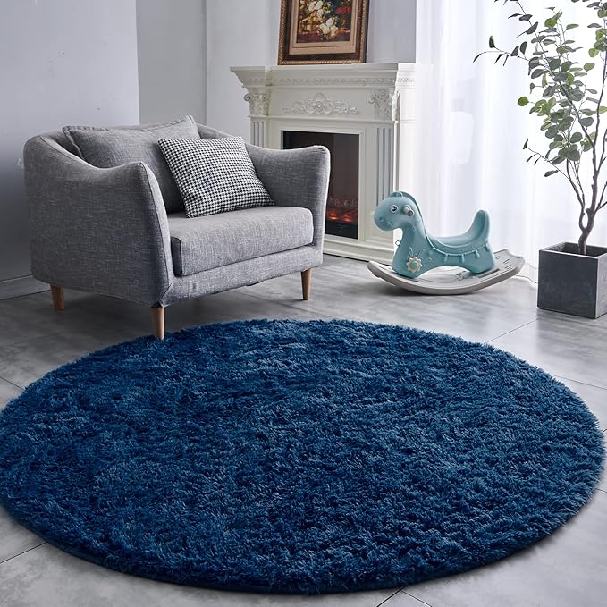 FJZFING Navy Blue Round Rug Ultra-Soft Plush Modern 4x4 Circle Area Rug by FJZFING
