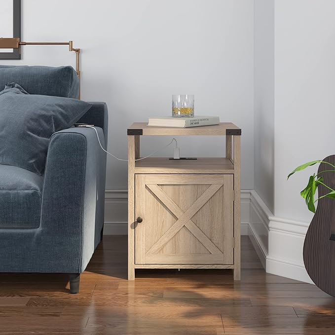 Farmhouse Nightstand with Charging Station, Rustic End Table Bedroom with - Image 4