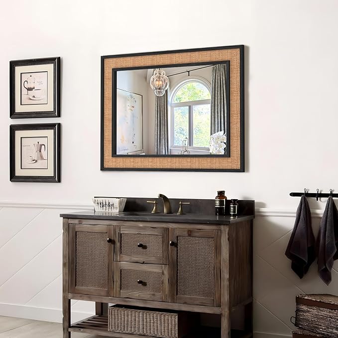 Rattan Wall Mirror with Wooden Framed 24 X 32 inch Farmhouse Rectangle Wood - Image 3
