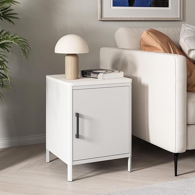 Nightstand with 1 Door, Metal Side Table with Wooden top - Image 2