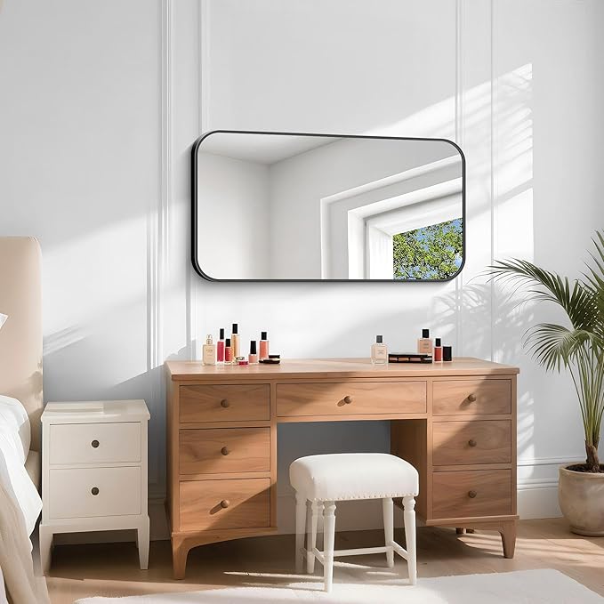 Bathroom Mirror, 48 x 24 inch Black Rectangle Wall Mirror, Metal Framed - Image 2