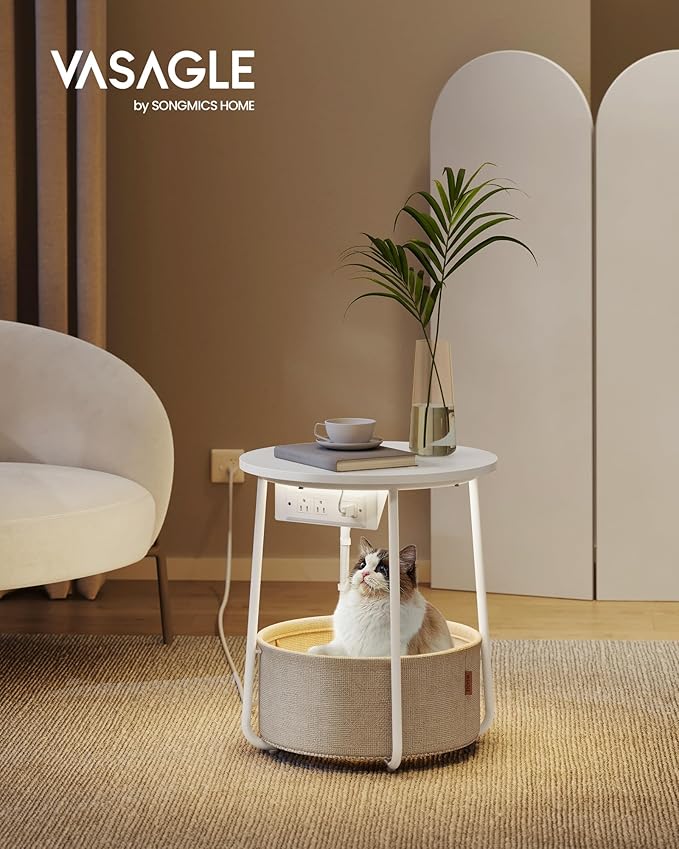 VASAGLE Side Table with Charging Station, Round End Table with Fabric Basket - Image 2