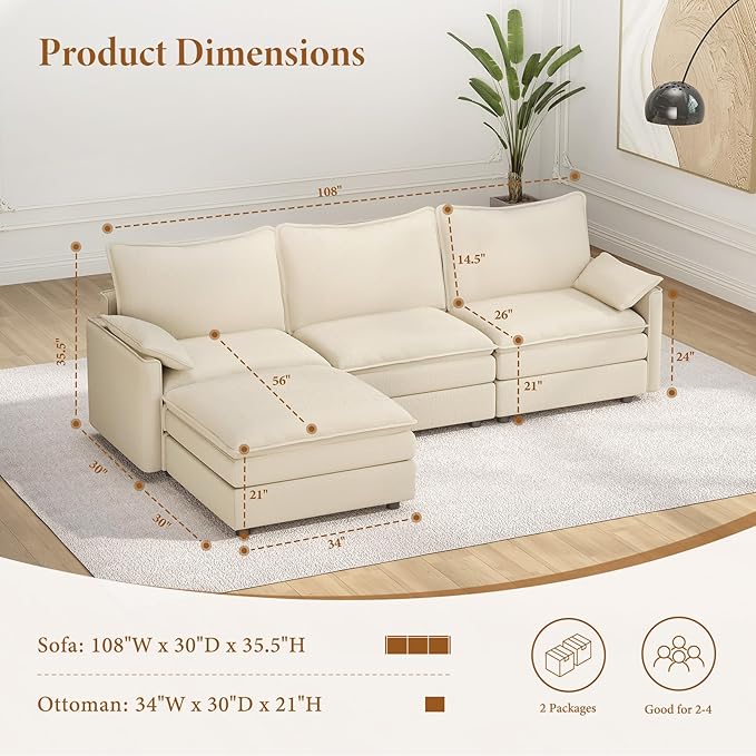 Vesgantti 108" Modular Sectional Sofa, Comfy Cloud Couch - Image 2