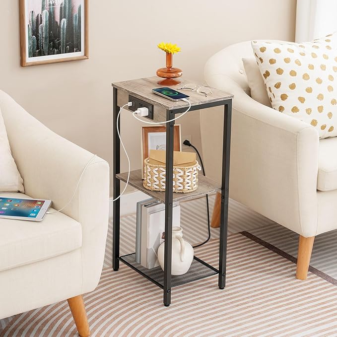 HOOBRO Tall End Table with Charging Station, 30 Inch Tall Nightstand, 3-Tier - Image 5