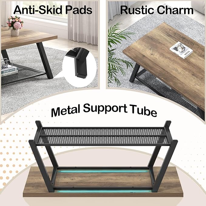 FOLUBAN Coffee Table, Modern Rustic Wood and Metal Center Table - Image 4