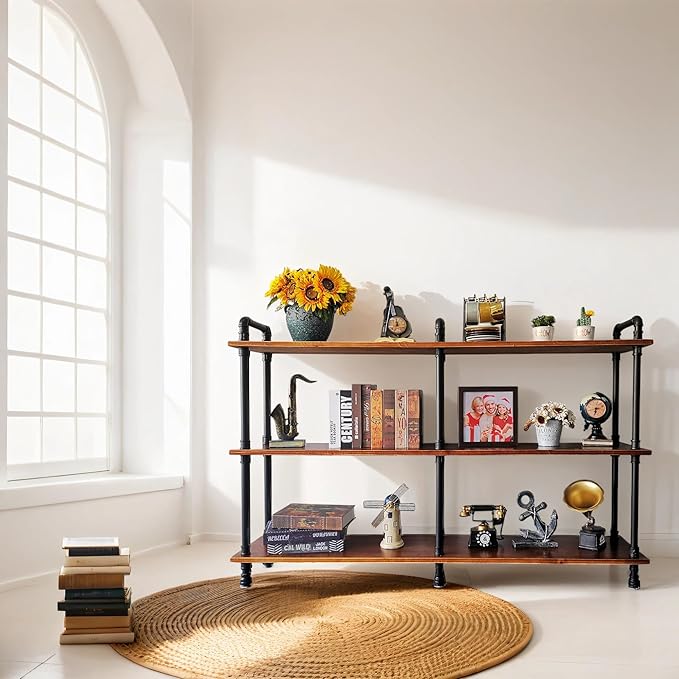 3 Tier Long Industrial Bookshelf, 3 Realwood Industrial Pipe Bookshelf - Image 3