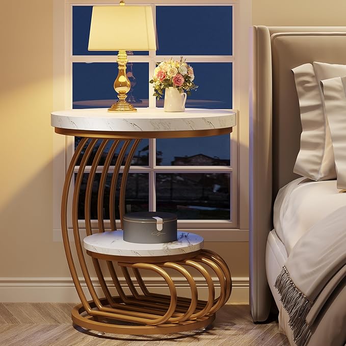 Tribesigns Gold Round End Table: 2 Tiers Faux Marble Side Table - Image 8