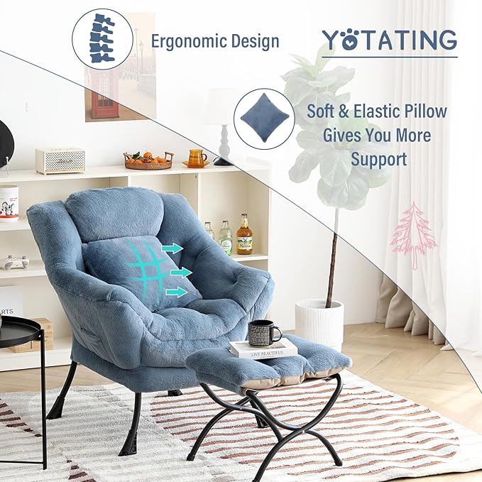 Lazy Chair with Ottoman, Comfy Reading Lounge Chair with Footstool & Throw - Image 8