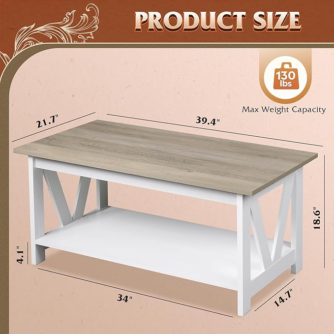 WLIVE Coffee Table with Storage Shelf, 39.4" Farmhouse Coffee Table with - Image 3