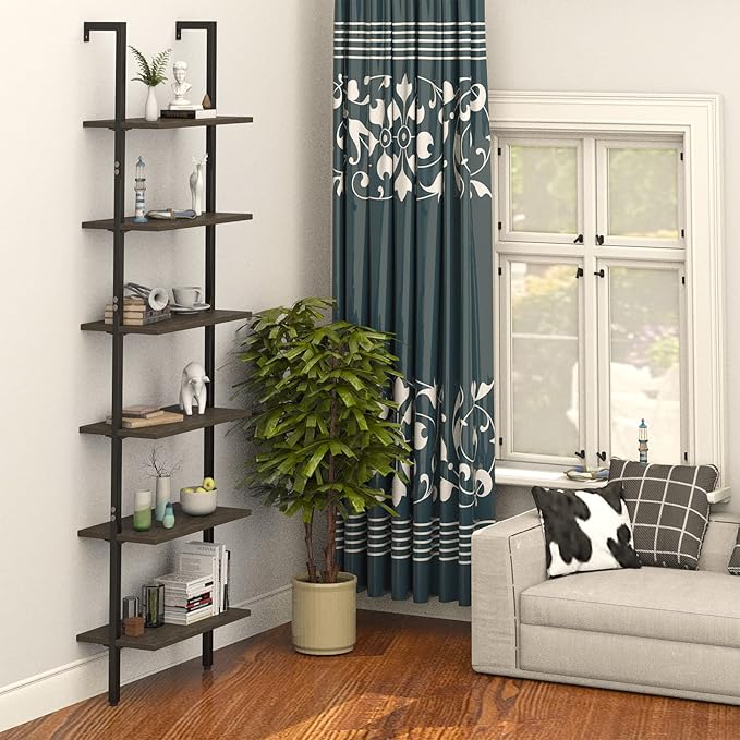 Ladder Shelf Black 6 Tiers Modern Bookshelf Room Organizer Open Tall Wall Mount - Image 6