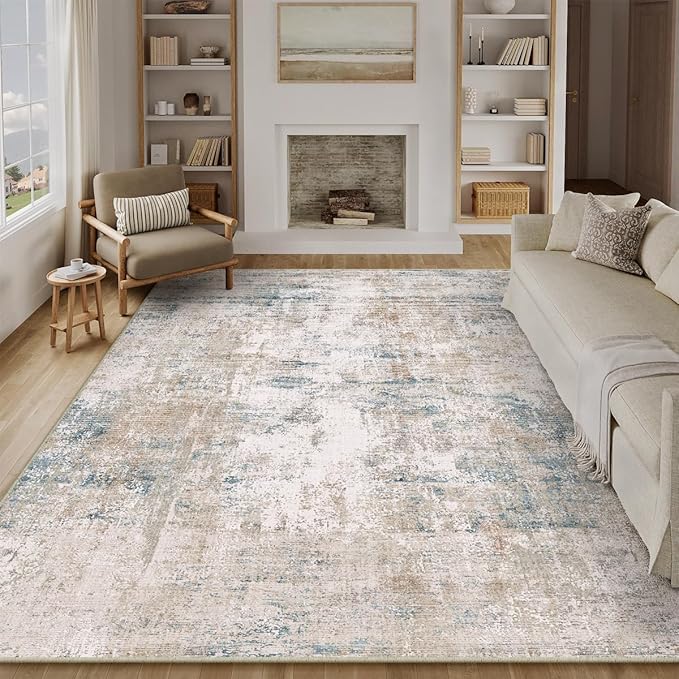 8x10 Washable Area Rug Beige Blue Neutral Abstract Living Room Bedroom Large - Image 5