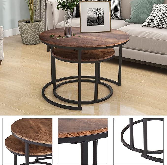 Industrial Round Coffee Table Set of 2 End Table - Image 4