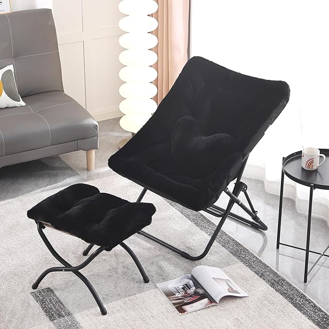 Comfy Saucer Chair with Ottoman, Oversized Folding Faux Fur Chair Soft Furry - Image 9