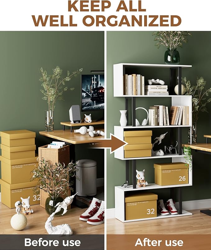 Gadroad 5 Tier Geometric Bookcase, S Shaped Bookshelf, Wood Decorative Storage - Image 7