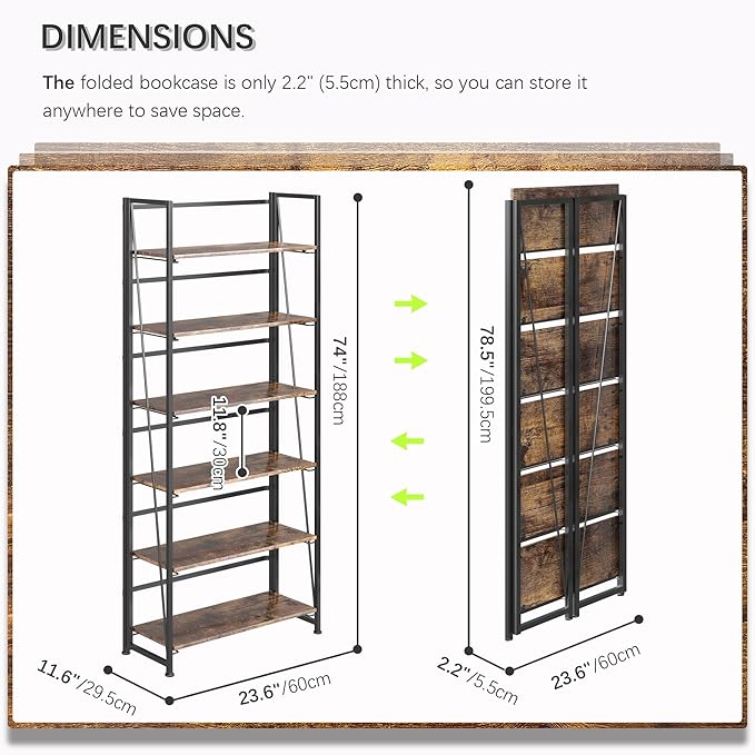 4NM No Assembly Folding Bookshelf, 6-Shelf 74" H Collapsible Foldable Bookcase - Image 2