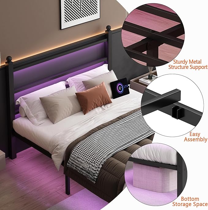 Full Size Bed Frame with Headboard and Footboard, Steel Slats Support-LED Bed - Image 7