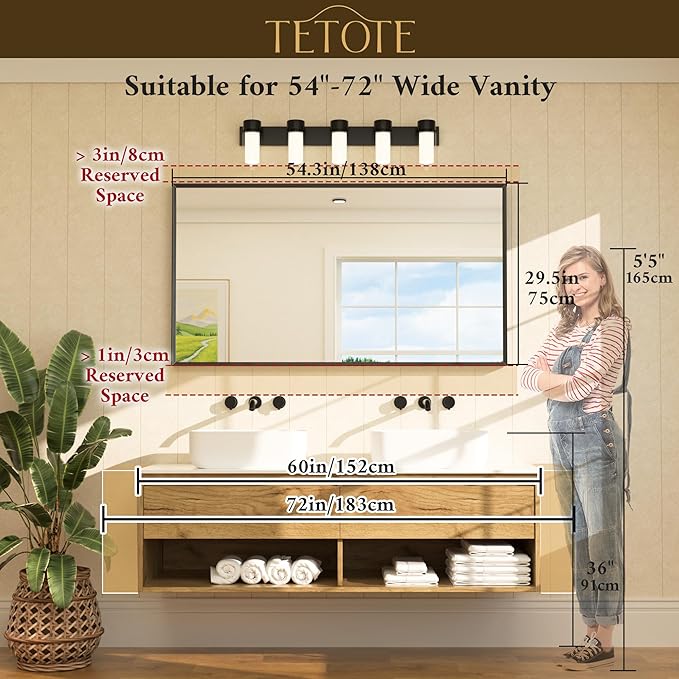 TETOTE Black Bathroom Mirror for Over Sink 55" x 30" Large Matte Black Beveled - Image 6
