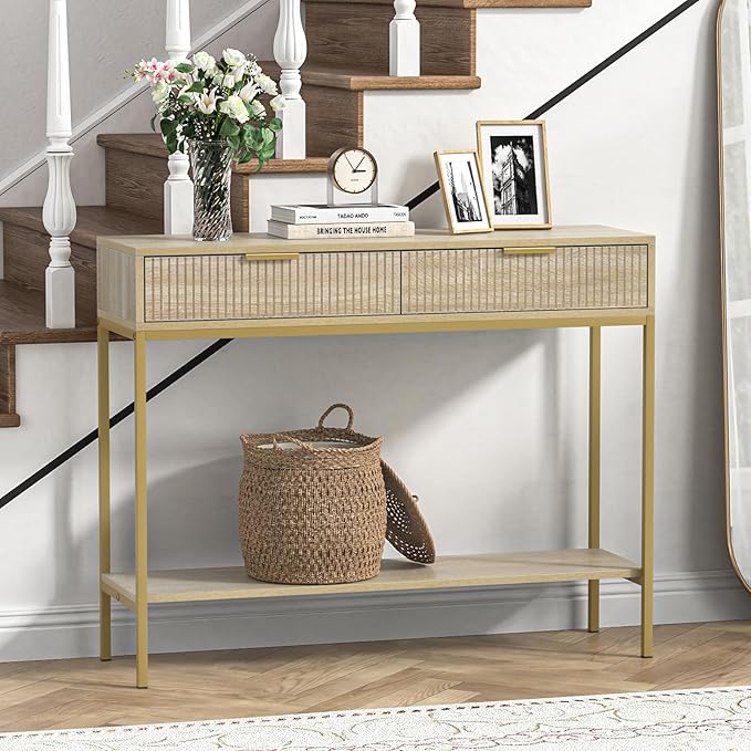 Anmytek Console Table with Storage, Wood Entryway Table with 2 Drawers - Image 3