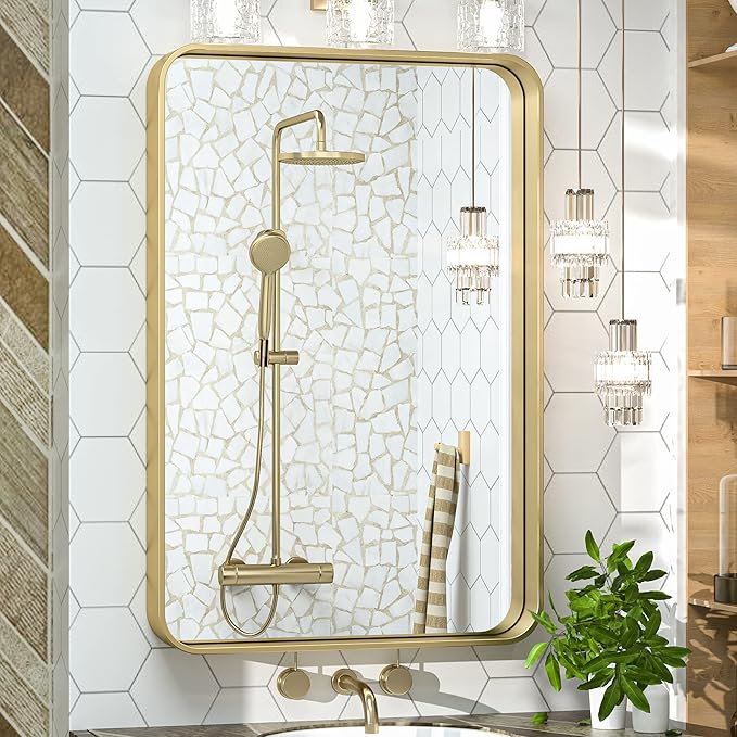 TokeShimi 20 x 30 Inch Gold Bathroom Wall Mirror Vanity Metal Frame Round by RefinedBathroomAccessories