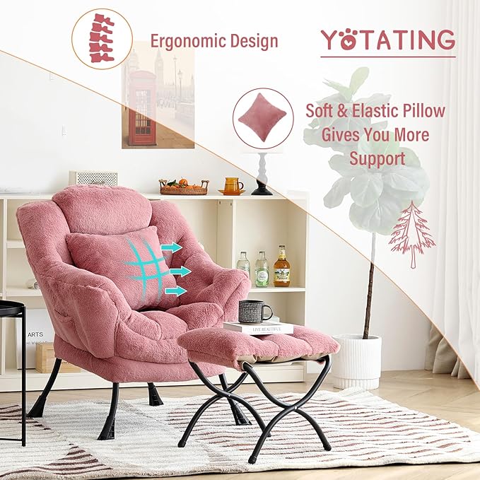 Lazy Chair with Ottoman, Comfy Reading Lounge Chair with Footstool & Throw - Image 8