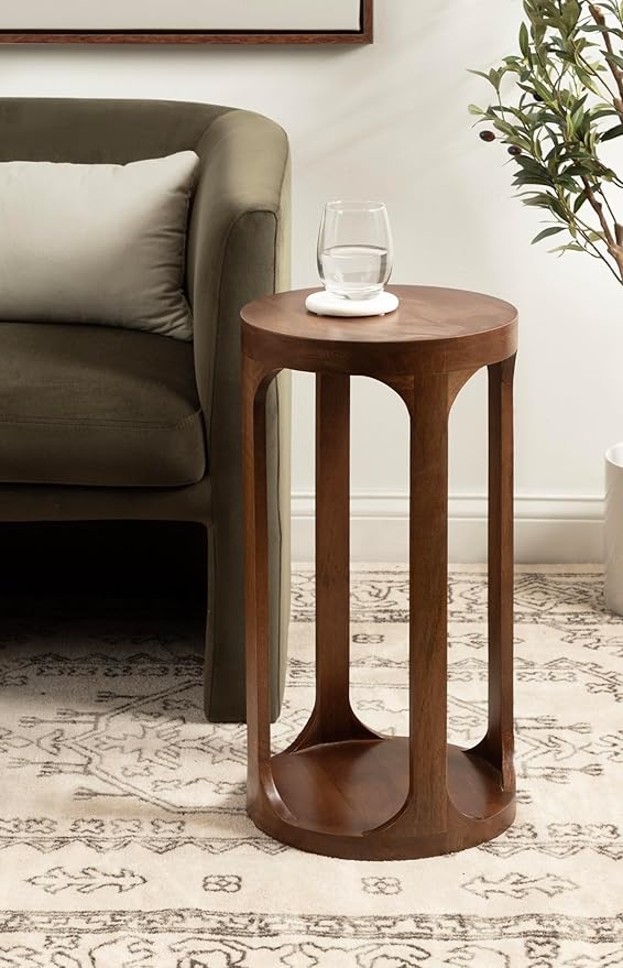 Kate and Laurel Dahl Modern Slatted Wooden Round Drink Table; 12 x 23; Walnut - Image 2