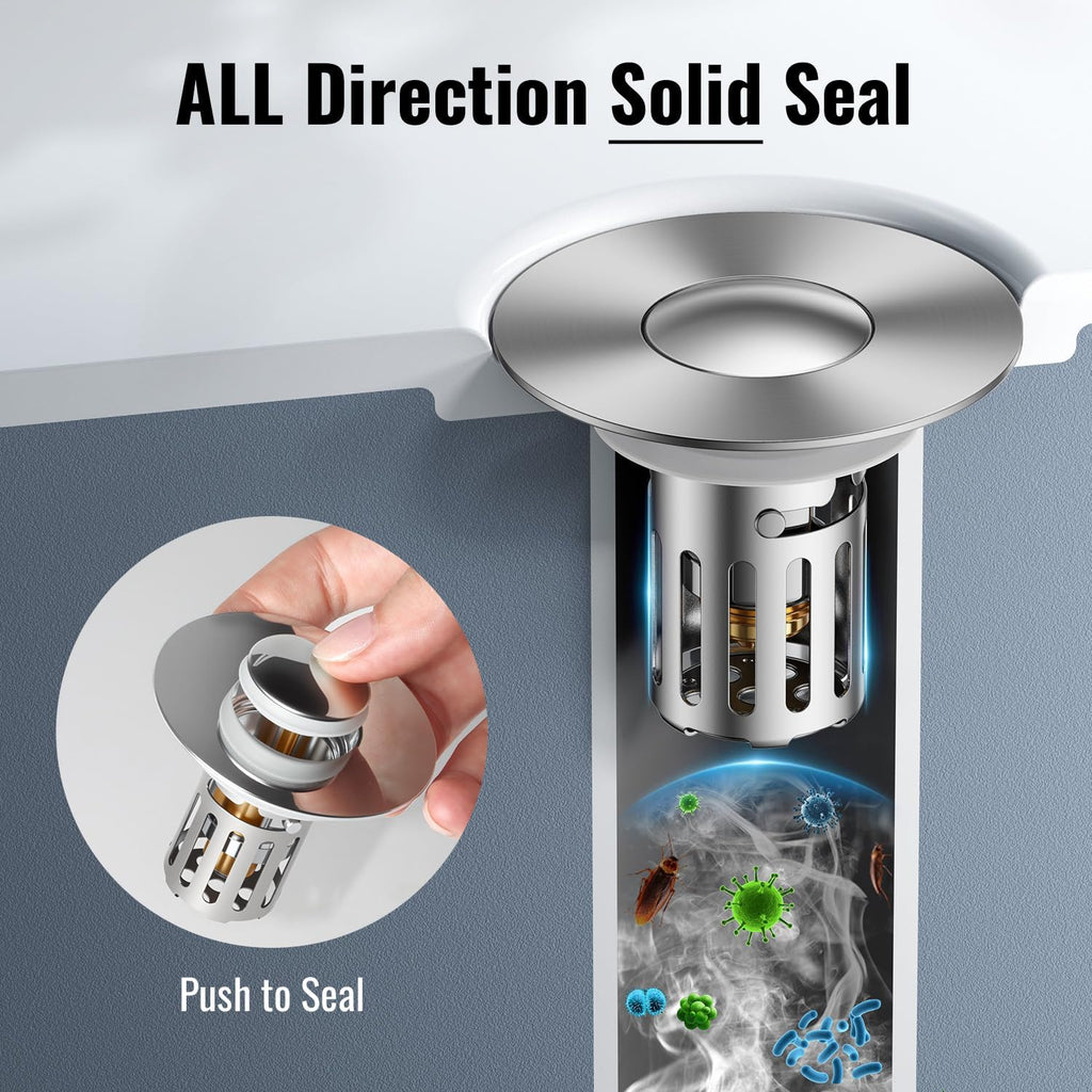 (2 Pc) All Metal Bathroom Sink Stopper Fit 99% - 3 in 1 Universal Pop Up Sink Stopper with Removable Stainless Steel Filter Basket Hair Catcher - for 1.1'' to 2.36'' Basin - Brass Core, 7000+ Tested