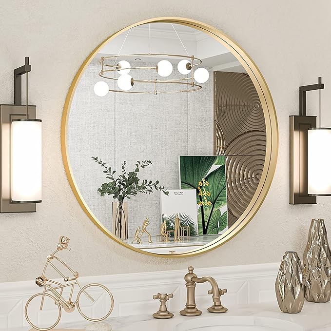 TokeShimi Brushed Gold Round Mirror 24 Inch Gold Round Vanity Bathroom Mirror by RefinedBathroomAccessories