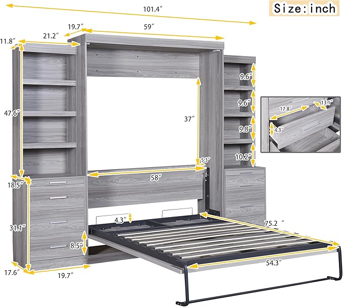 Full Size Murphy Bed with Storage Shelves and Drawers, Easy Fold Wood Wall Bed - Image 2
