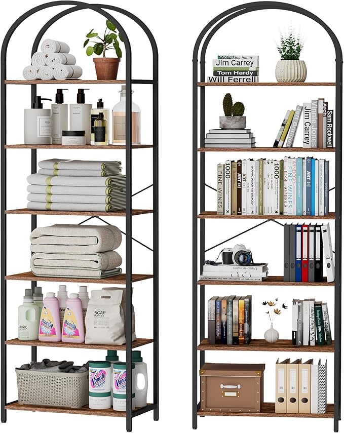 Homhedy 6-Tier Bookshelf Arched Display Racks, Wood and Metal Bookcase - Image 9