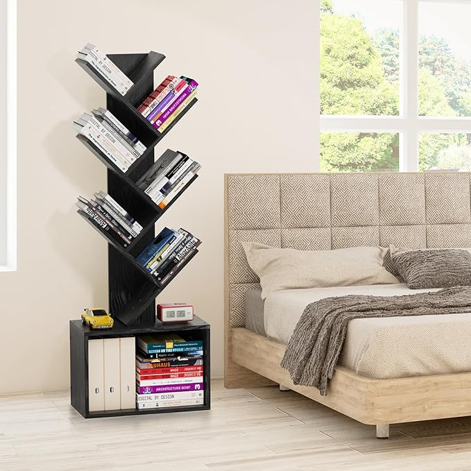 6 Tier Tree Bookshelf, Sturdy Retro Floor Standing Wood Bookcase, Storage Rack - Image 7