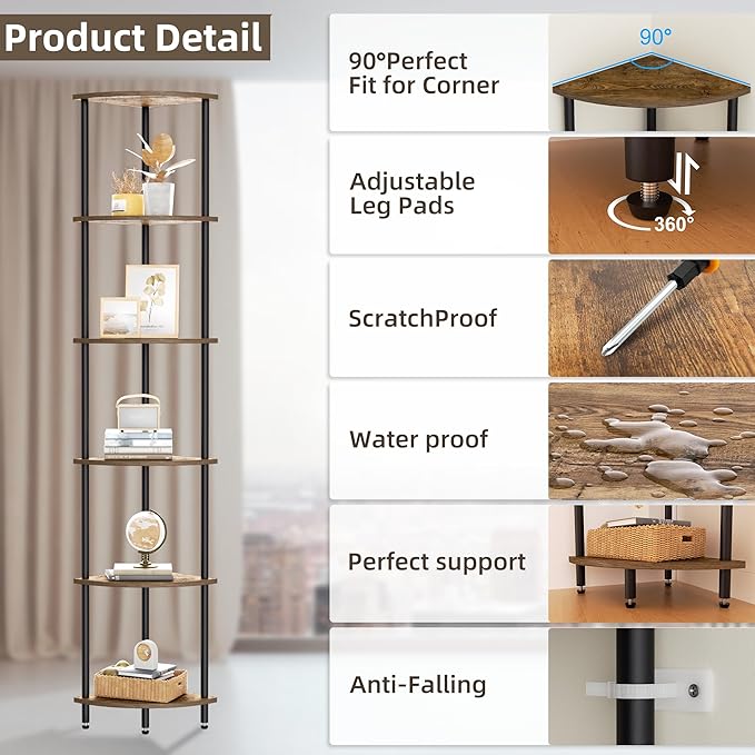 6 Tier Corner Shelf, Bookcase for Small Spaces, Corner Display Shelf, Plant - Image 3