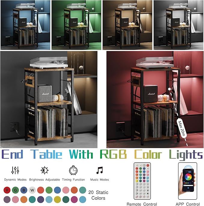 End Table with LED Light, Record Player Stand with Charging Station, Vinyl - Image 4
