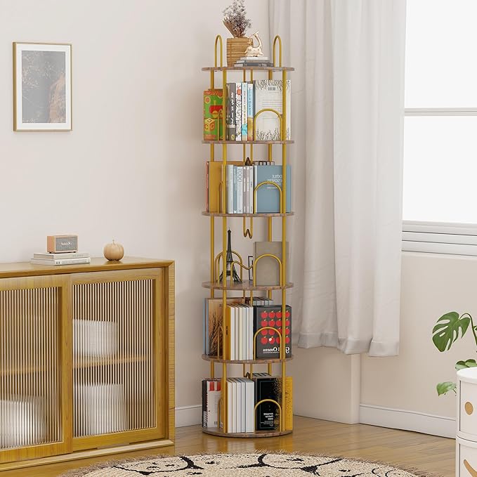 5 Tier Rotating Bookshelf, 360° Spinning Bookshelf Tower, Round Narrow Space - Image 7