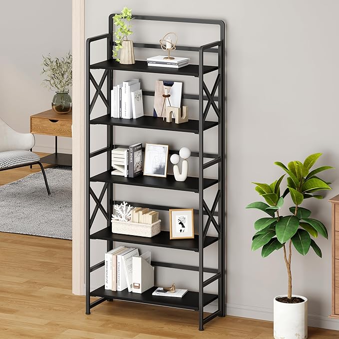 No Assembly Folding Bookshelf, 5 Tiers Vintage Wood Collapsible Book Shelf - Image 2