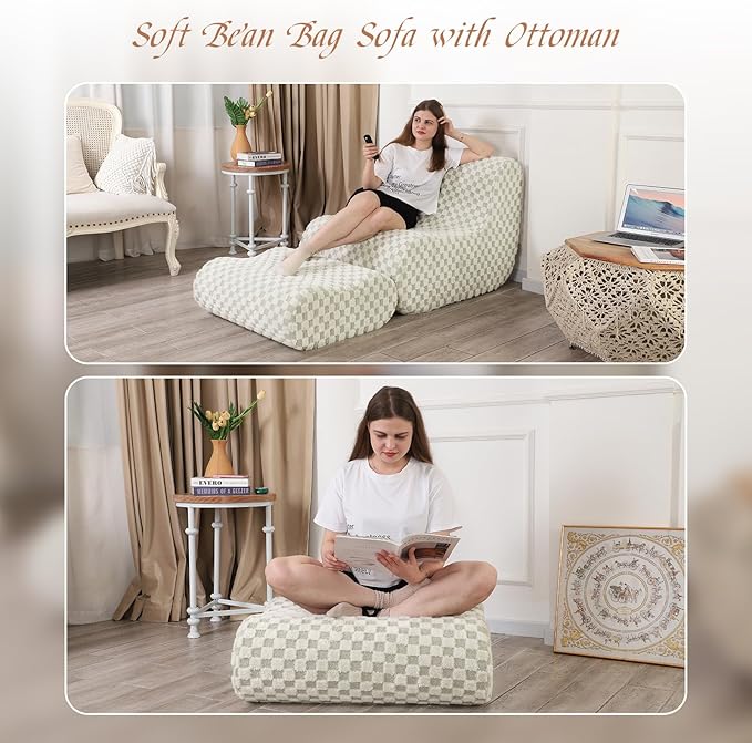 Accent Bean Bag Chair with Footstool, Modern Lazy Sofa Chair with Comfy - Image 7