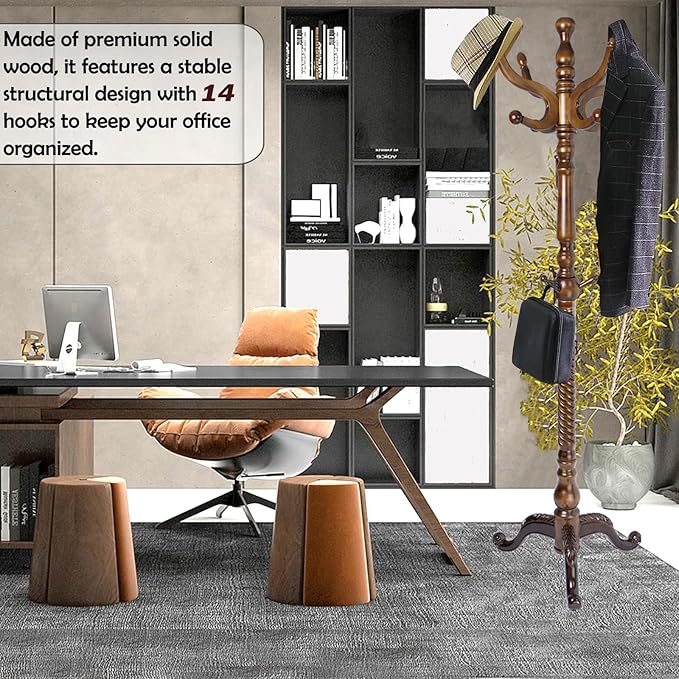 Coat Racks Free Standing with 11 Hooks, Natural Wood Coat Stands - Image 3