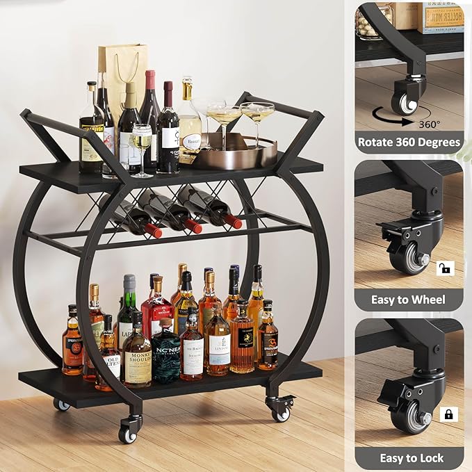 LVB Black Wine Cart with Wheels, Modern Bar Cart with Wine Rack, Industrial - Image 5