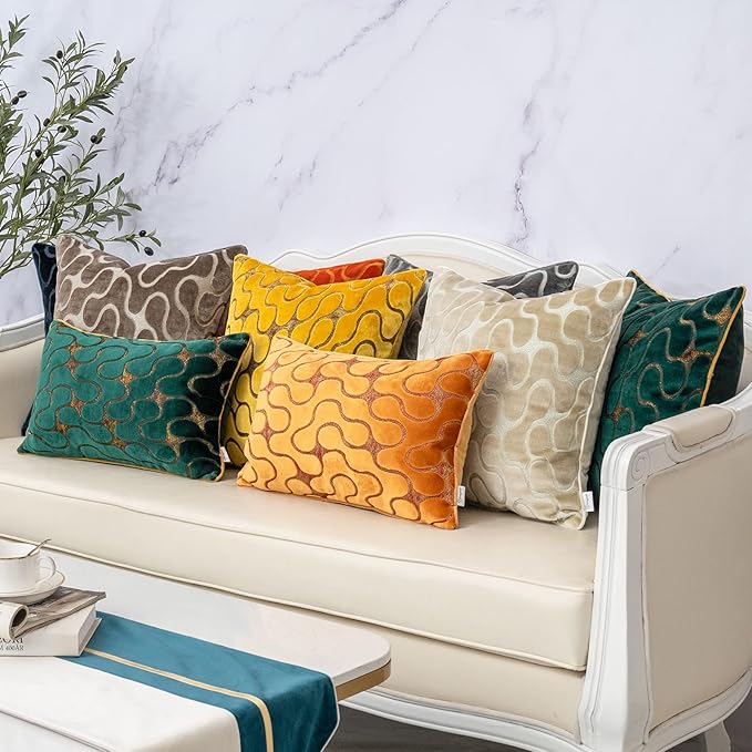Yangest Yellow Square Throw Pillow Cover Wavy Velvet Cushion Cover Modern - Image 6