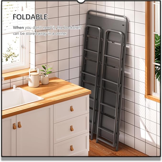 4NM No Assembly Folding Bookshelf 5 Tiers Vintage Industrial Black Book Shelf - Image 4
