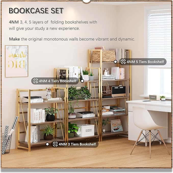 4NM No Assembly Folding Bookshelf, 5-Shelf 62.2" H Collapsible Foldable - Image 5