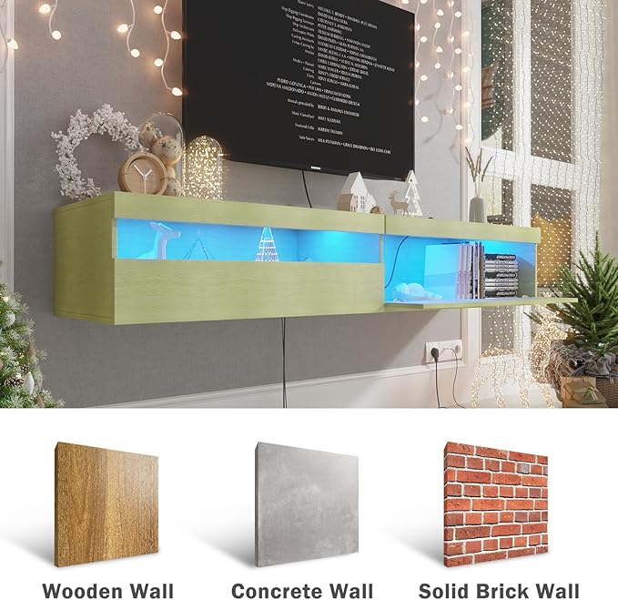 Floating TV Stand with Led Lights, 71 inch Wall Mounted TV Shelf with Power - Image 3